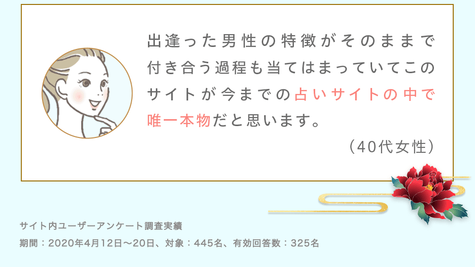 出逢った男性の特徴がそのままで付き合う過程も当てはまっていてこのサイトが今までの占いサイトの中で唯一本物だと思います。(40代女性)